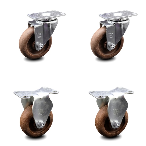 4 Inch High Temp Glass Filled Nylon Swivel Top Plate Caster Set with 2 Rigid